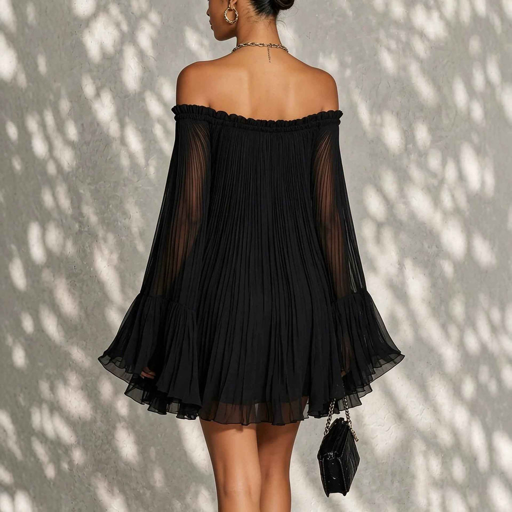 Elegant Black Off-Shoulder Backless Pleated Lantern Sleeve Mini Dress - MODALIFE
