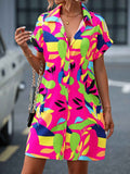 Summer New Fashion Colorful Floral Printed Open Front Short Sleeve Shirt Dress - MODALIFE