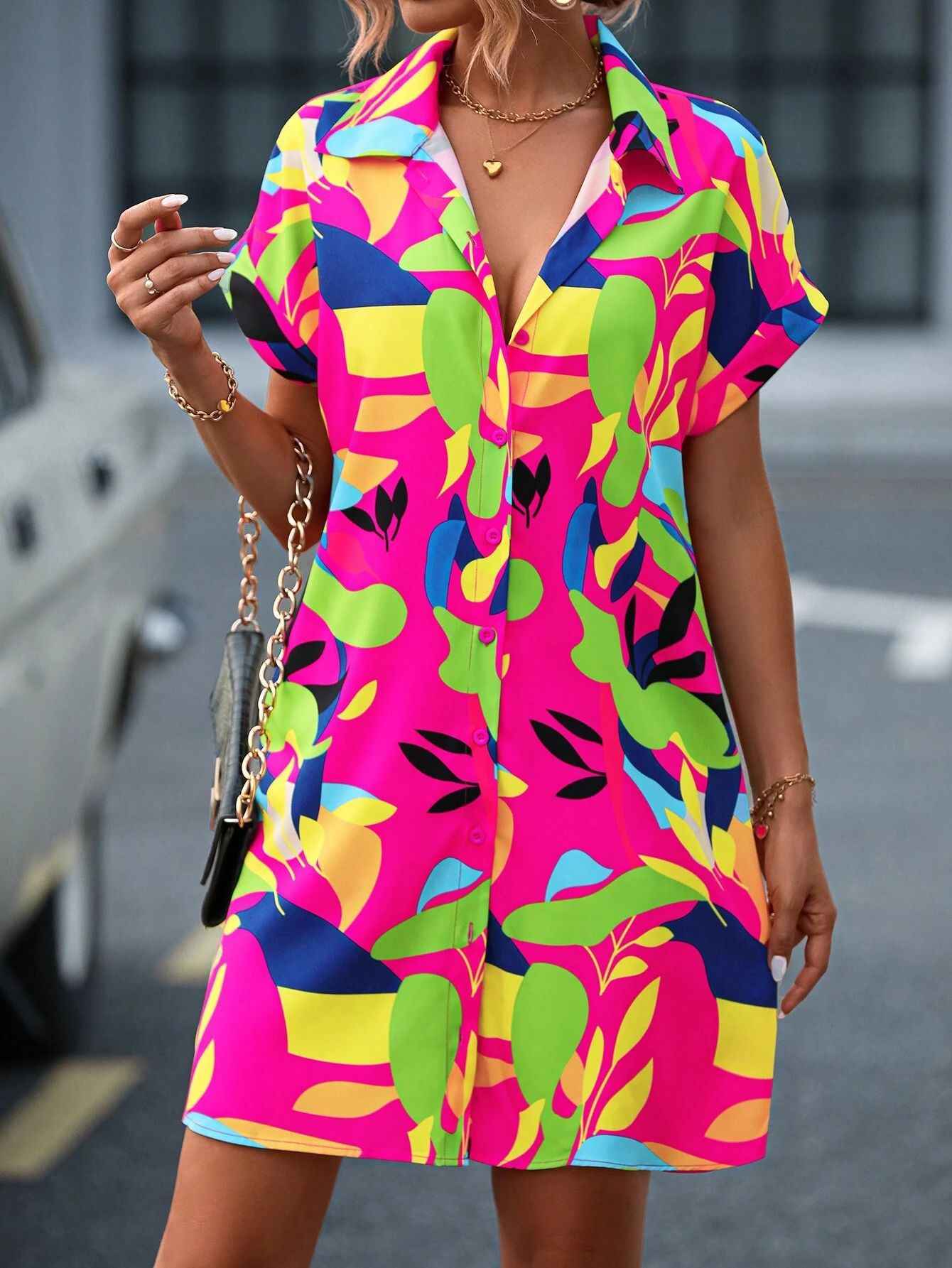 Summer New Fashion Colorful Floral Printed Open Front Short Sleeve Shirt Dress - MODALIFE