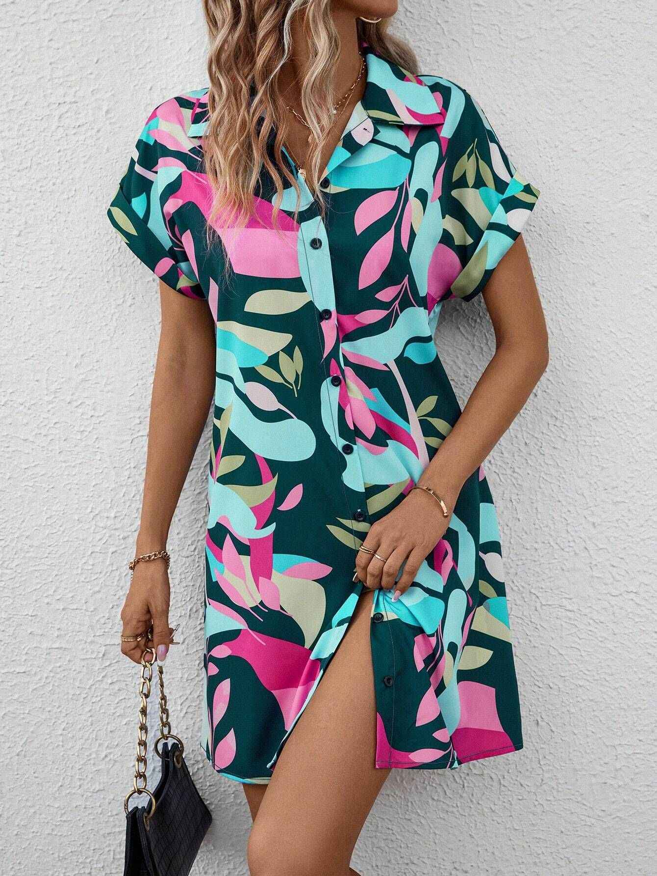 Summer New Fashion Colorful Floral Printed Open Front Short Sleeve Shirt Dress - MODALIFE