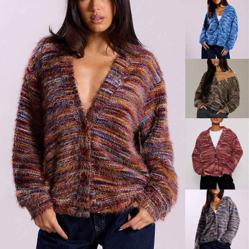 Fashionable Vintage Deep V-Neck Melange Fleece Long Sleeve Cardigan - MODALIFE