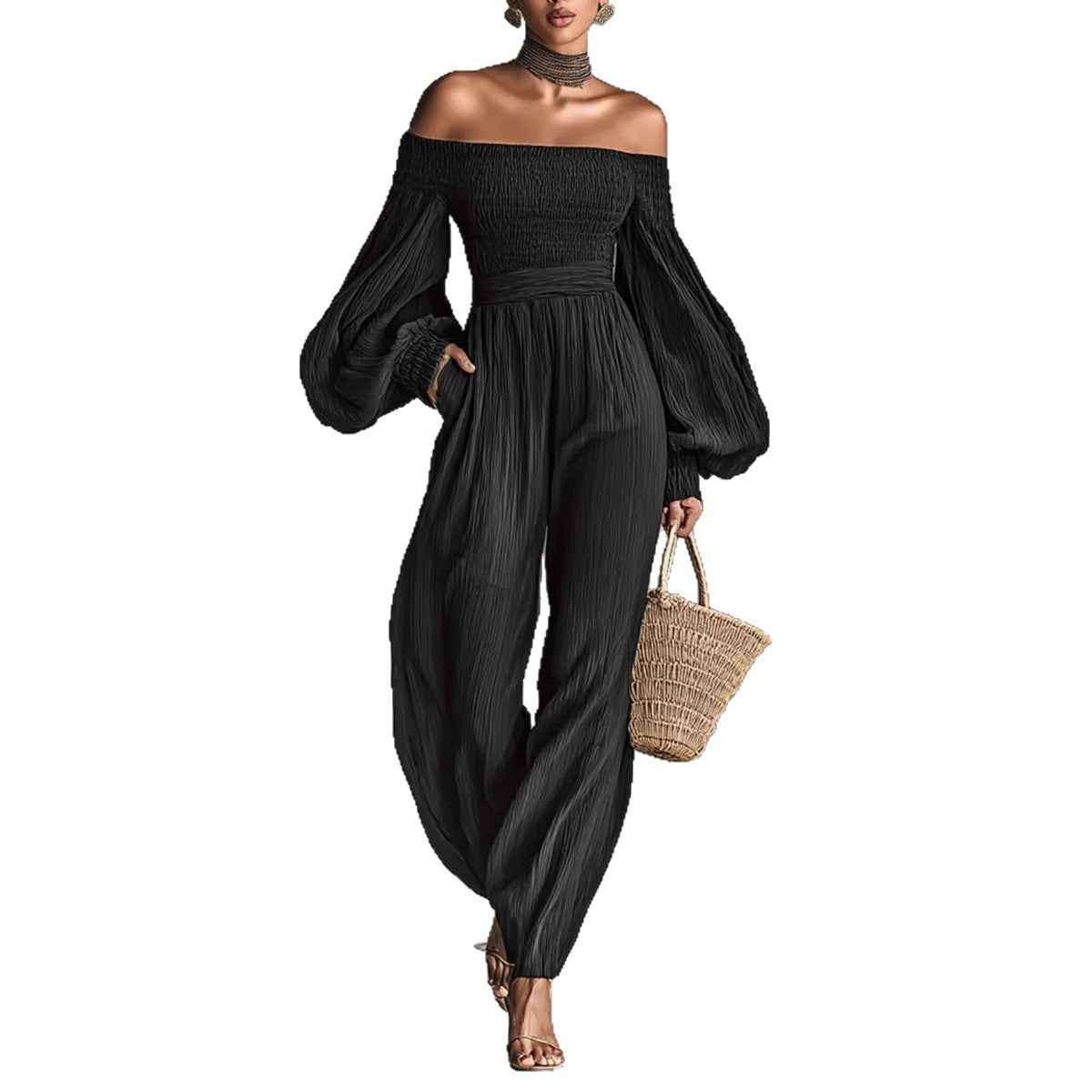 Style Off-Shoulder Lantern Sleeve Pleated Loose Jumpsuit for Women - MODALIFE