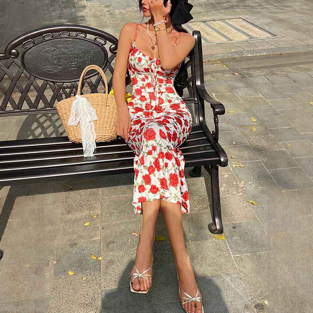 Romantic Vintage Beach Vacation Style Tie-Waist Floral Wrap Bodice Fitted Long Strap Dress - MODALIFE