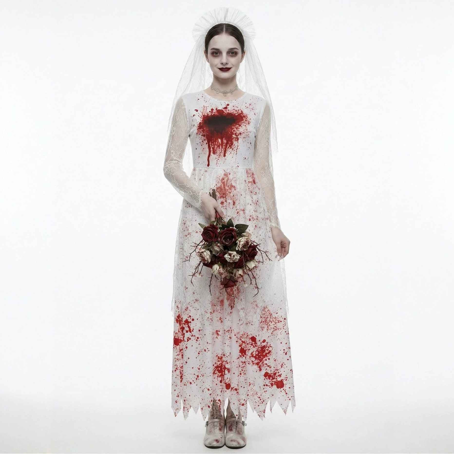 Halloween Dark Bloody Ghost Bride Cosplay Costume, Horror Blood-Stained Wedding Dress for Party and Stage Performance, - MODALIFE