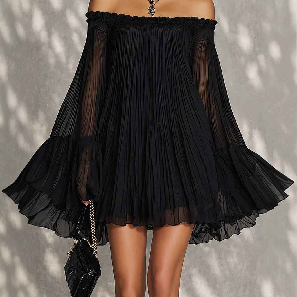 Elegant Black Off-Shoulder Backless Pleated Lantern Sleeve Mini Dress - MODALIFE