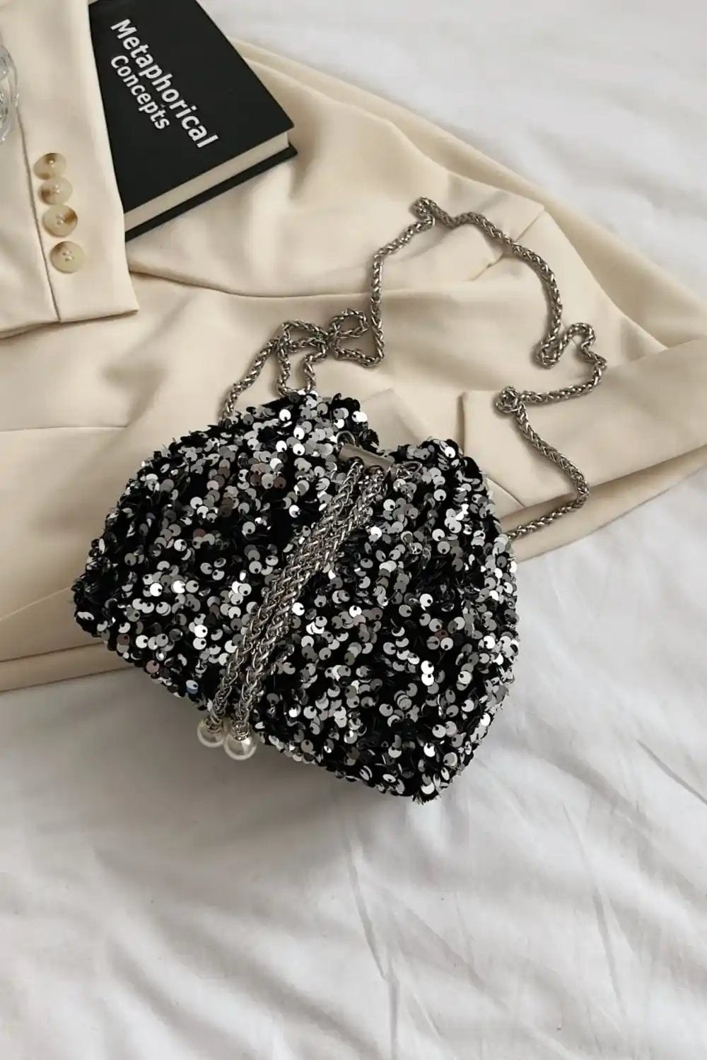 Sequin Chain Drawstring Bucket Bag - MODALIFE