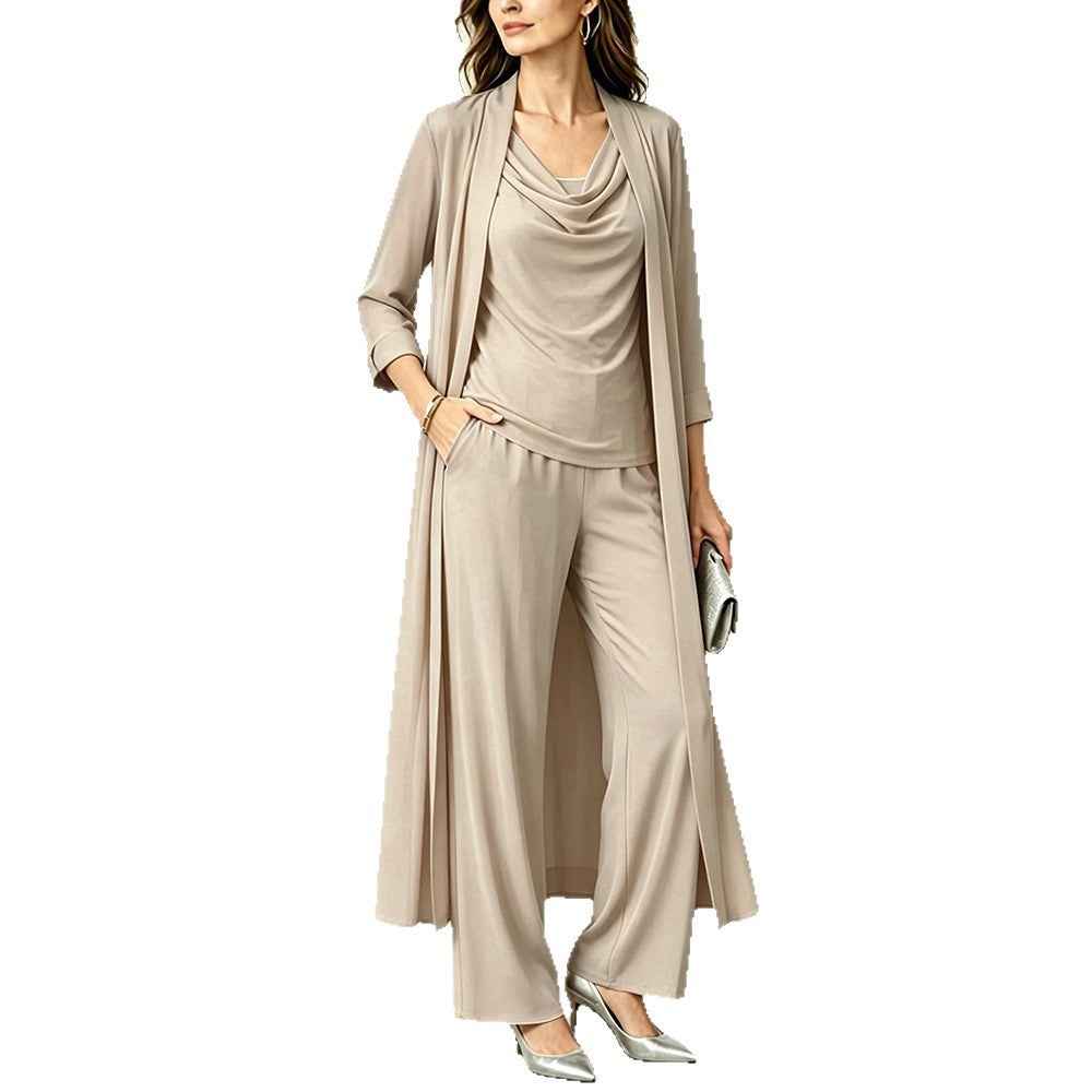 Long sleeved swing collar top long cardigan jacket long pants three piece set - MODALIFE