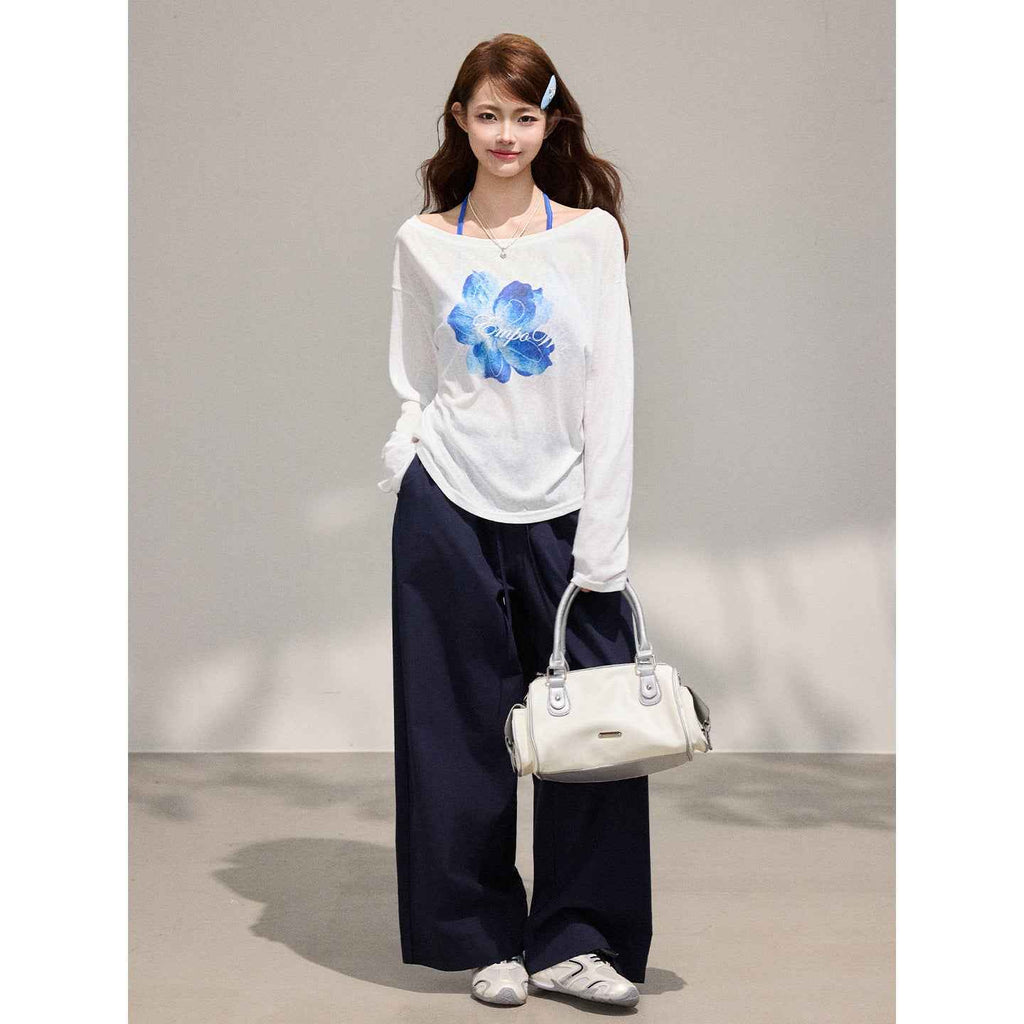 Long Sleeve Cardigan for Women,  Two-Piece Set with Floral Print, Tencel Chiffon Off-Shoulder Top