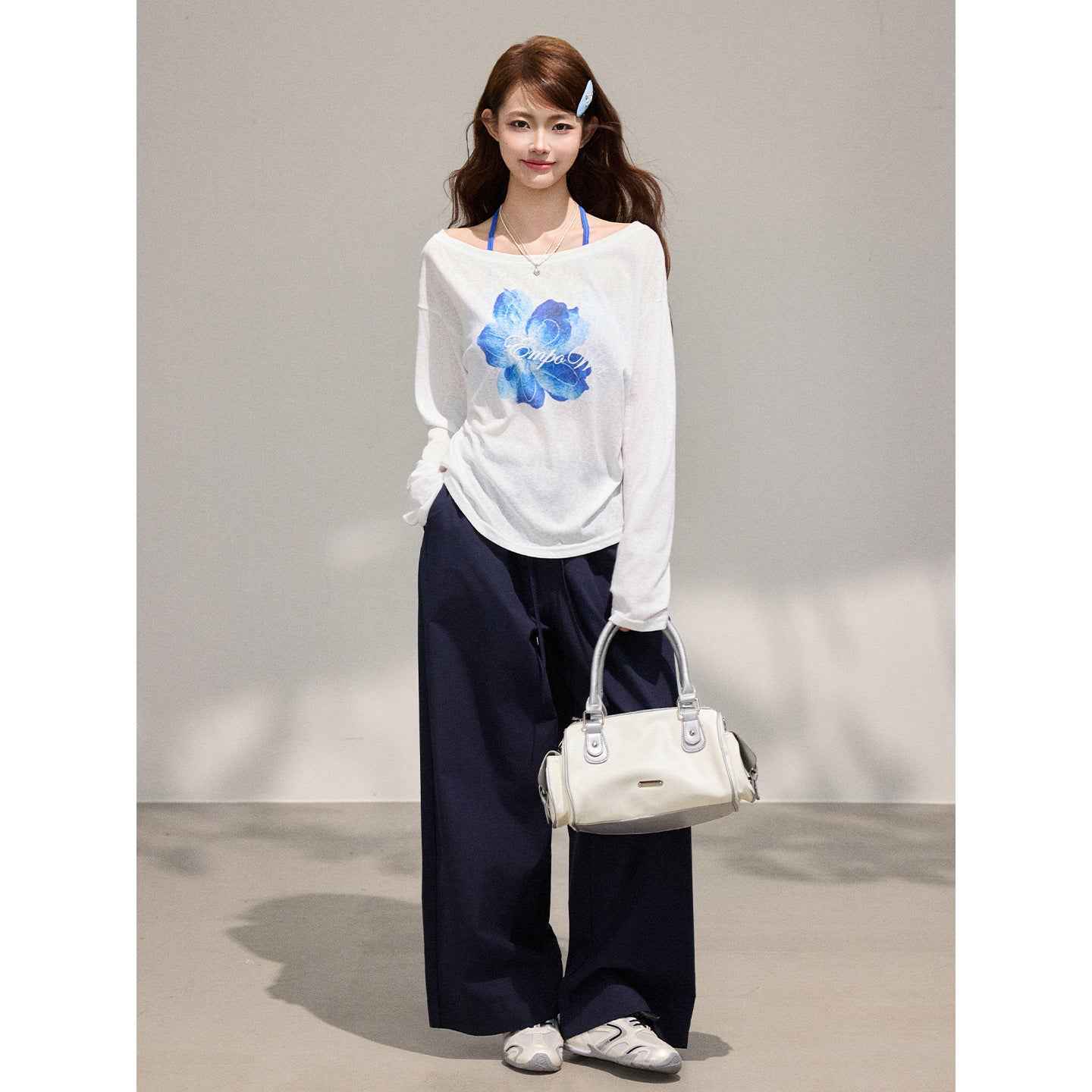 Long Sleeve Cardigan for Women,  Two-Piece Set with Floral Print, Tencel Chiffon Off-Shoulder Top