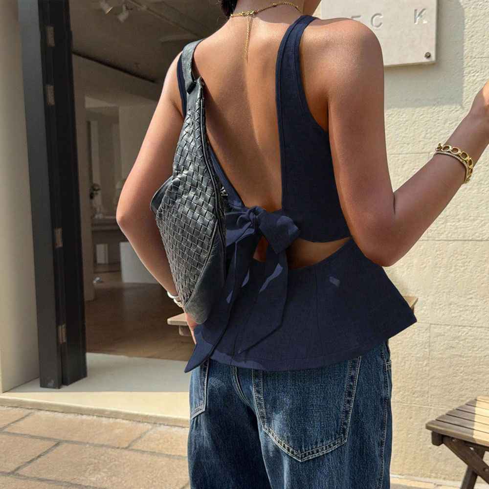 Sleeveless Fitted Top for Women with Ruffle Hem, Backless Bow Tie, Office Casual Versatile Style - MODALIFE