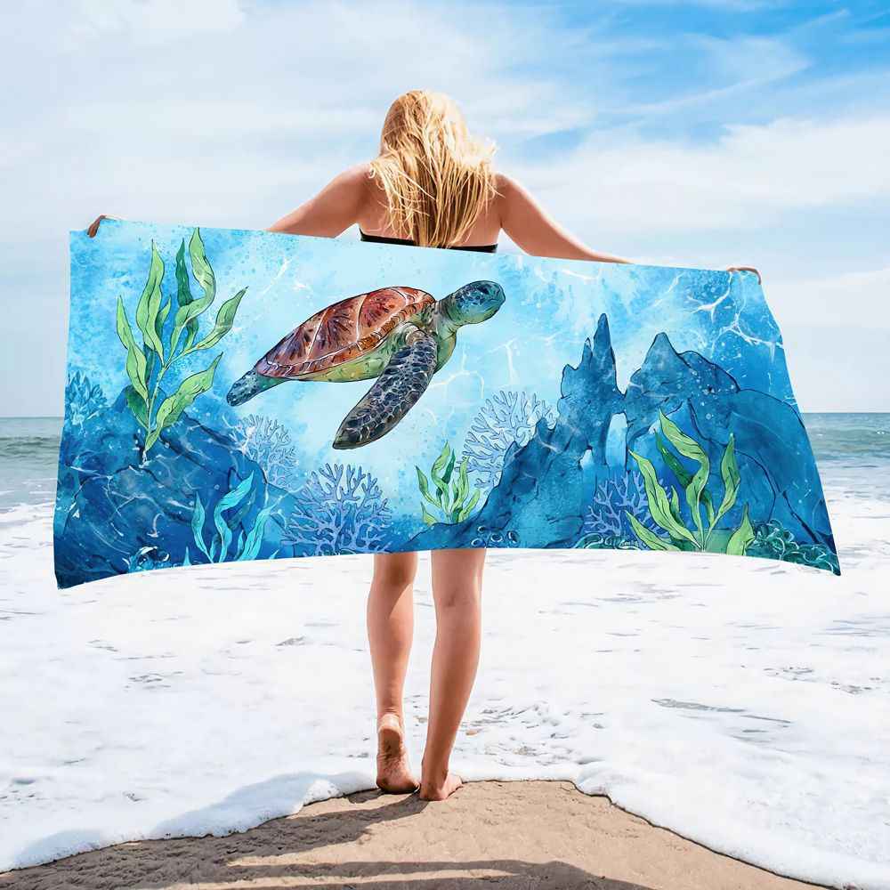 Ocean Turtle Pattern Beach Towel Ultra-Fine Fiber Quick-Dry Double-Sided Fleece Bath Towel Sand Blanket