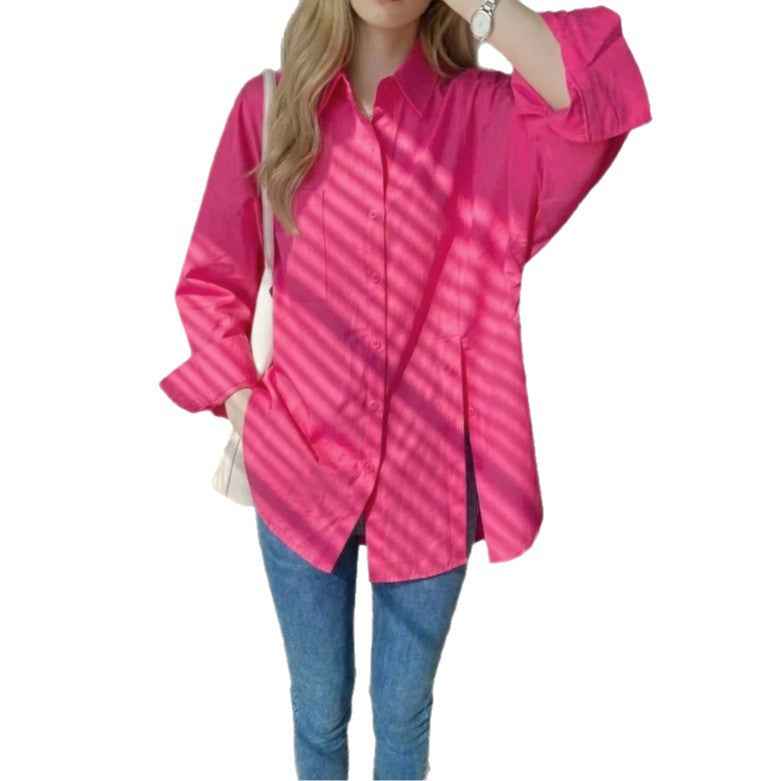New women's solid color long sleeved shirt with button side slit - MODALIFE