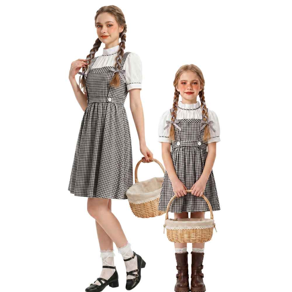 Vintage Mother-Daughter Matching Outfits Summer Black and White Checkered Overall Dress Set French Countryside Photo Shoot Mother-Daughter - MODALIFE
