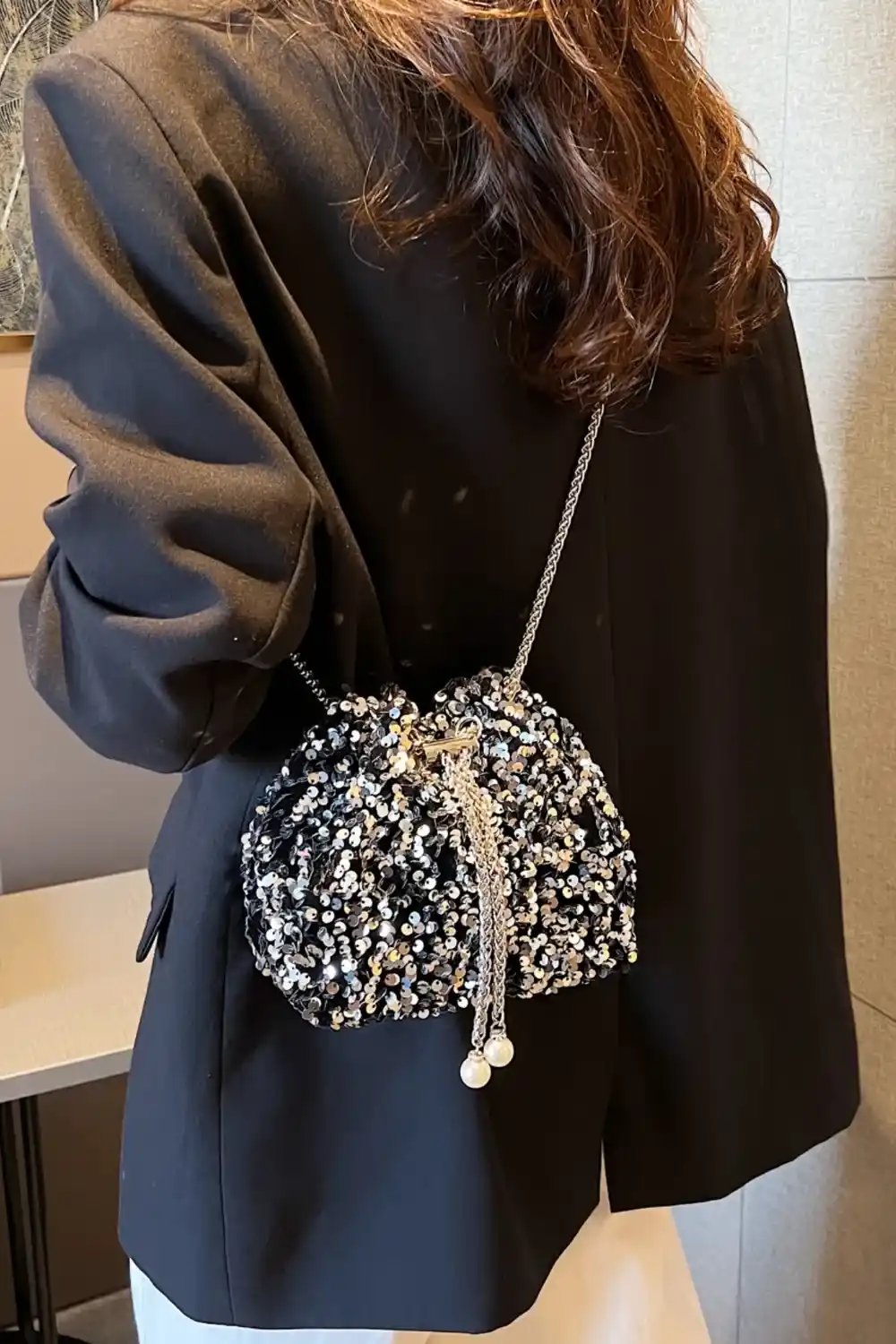 Sequin Chain Drawstring Bucket Bag - MODALIFE
