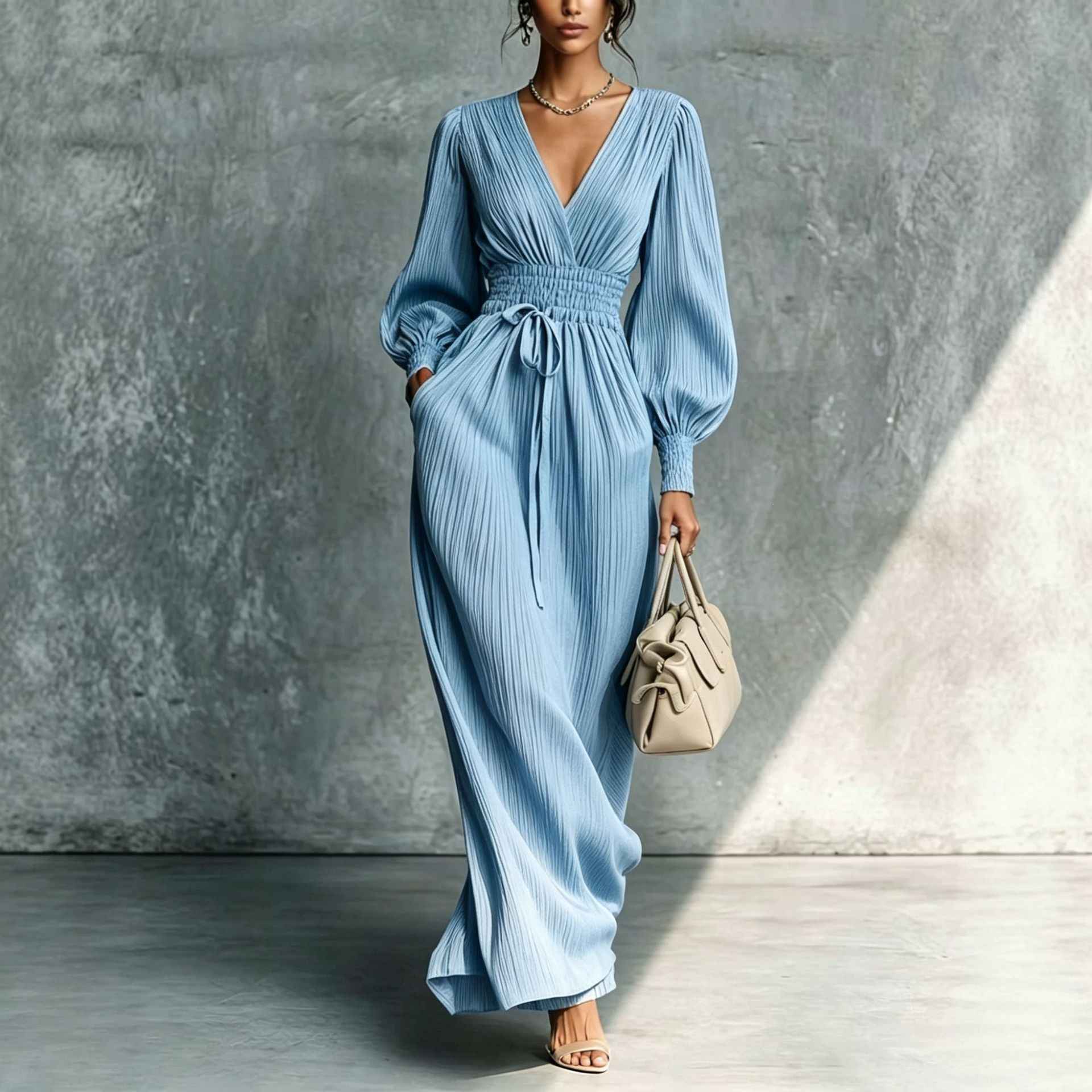Solid color casual waist cinched long sleeved dress - MODALIFE