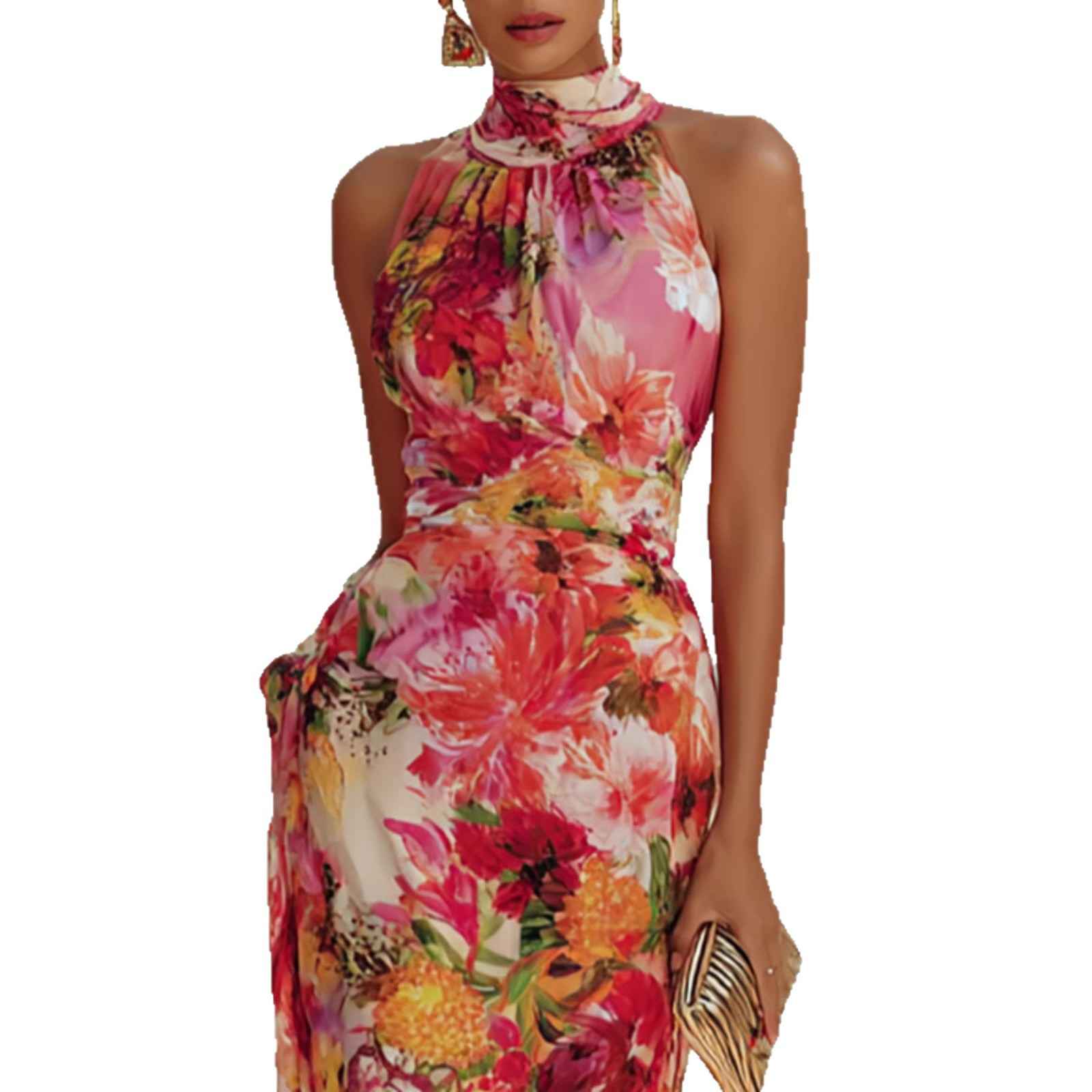 Elegant Floral Strapless Sleeveless Fitted Chiffon Dress - MODALIFE