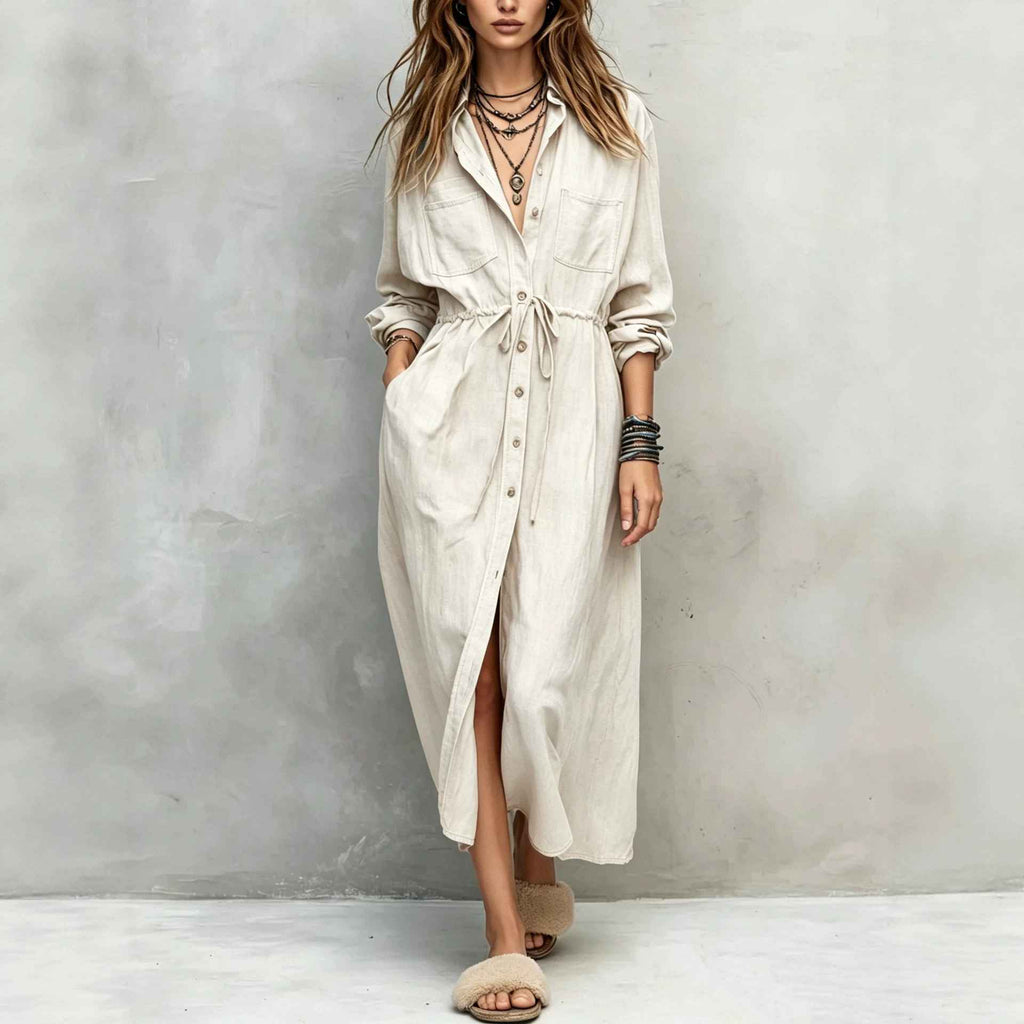 Spring and Autumn Casual Drawstring Waist Shirt Dress Loose Style for Women - MODALIFE