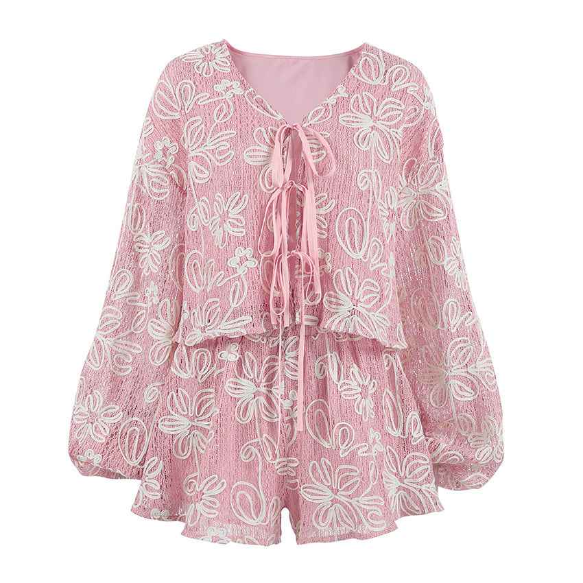 V-neck long sleeved lace up top and shorts two-piece set - MODALIFE