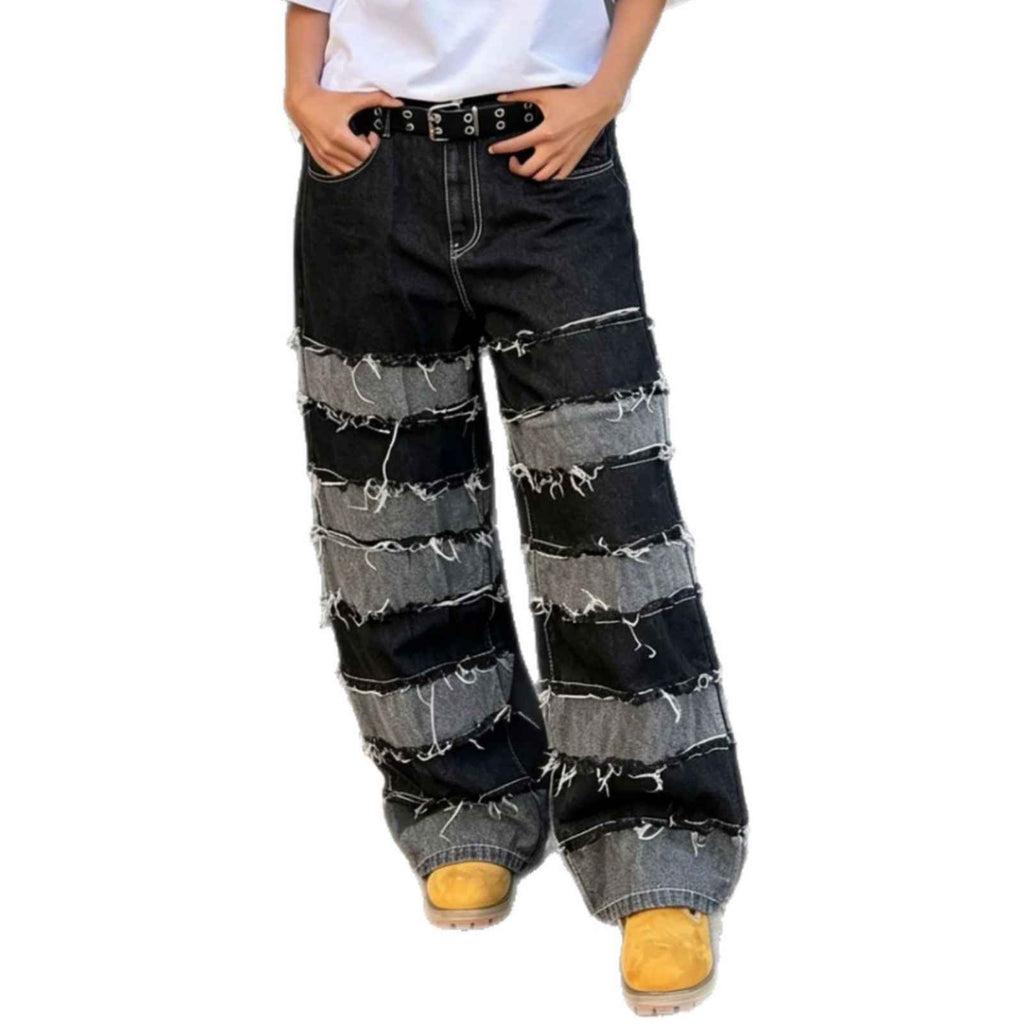 Street Deconstructed Black and Gray Patchwork Raw Hem Denim Pants - MODALIFE