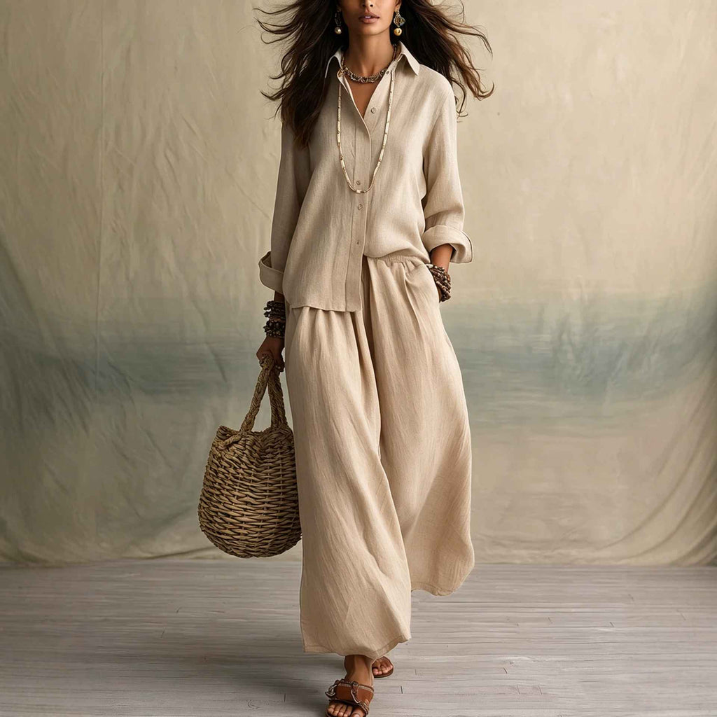 Summer High-End Shirt Collar Outfit Loose Cotton Linen Women's Set - MODALIFE