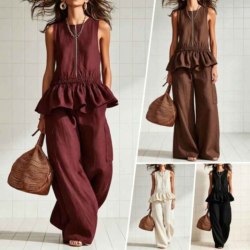 Sleeveless pleated vest wide leg pants set