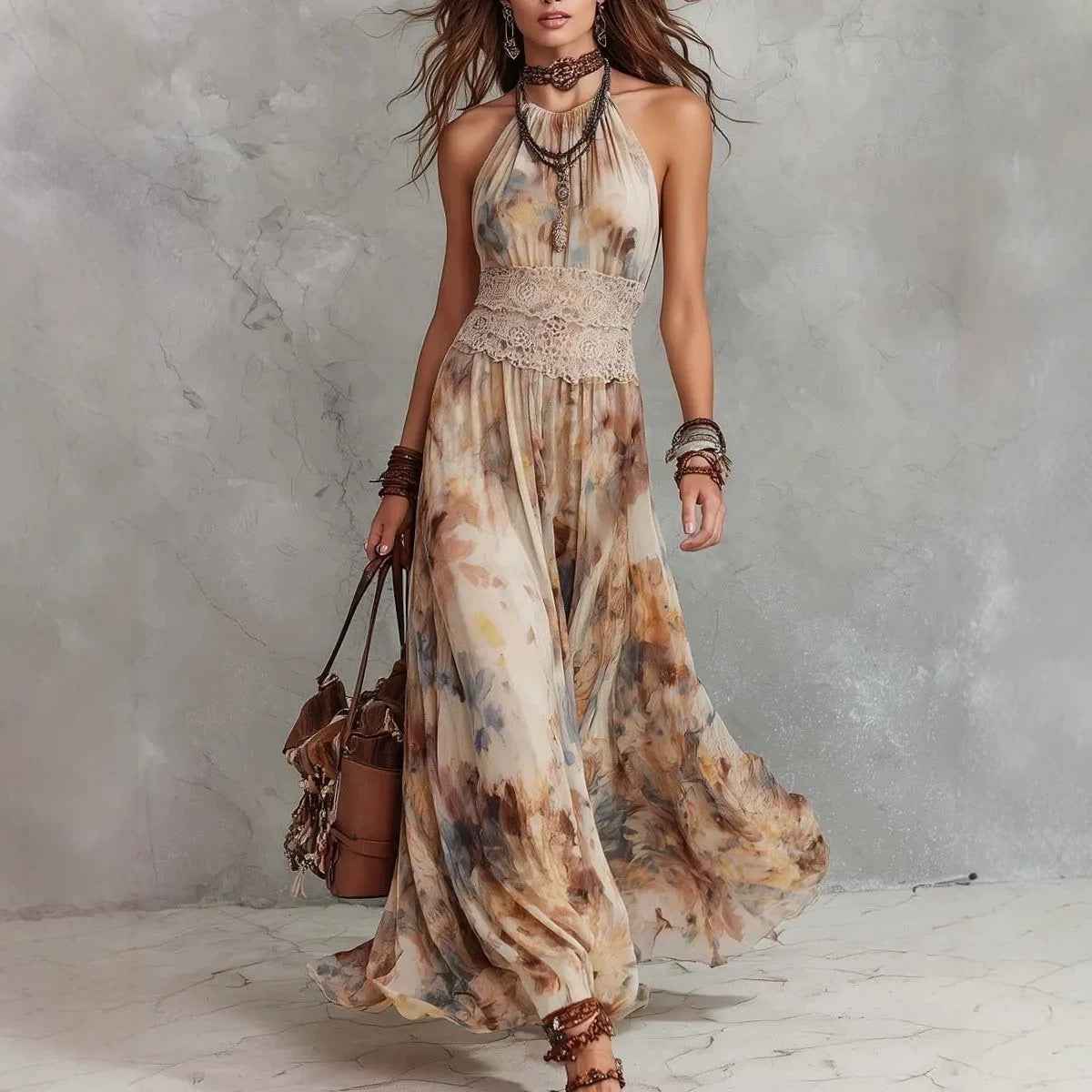 French Vintage Painted Floral Backless Strapless Summer Beach Vacation Long Dress - MODALIFE