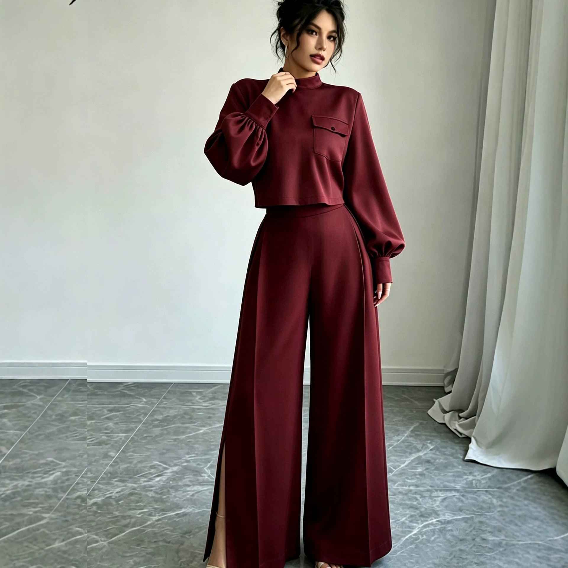 Solid color wide leg pants set for women - MODALIFE