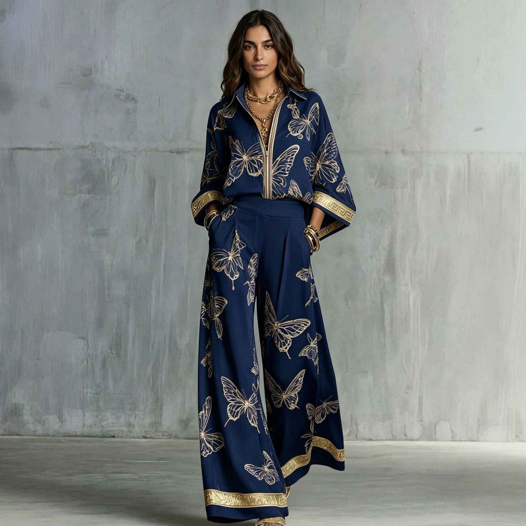 Style Women's Retro Printed Sexy Deep V Neck Loose Zipper Top with Wide Leg Pants Two-Piece Set - MODALIFE