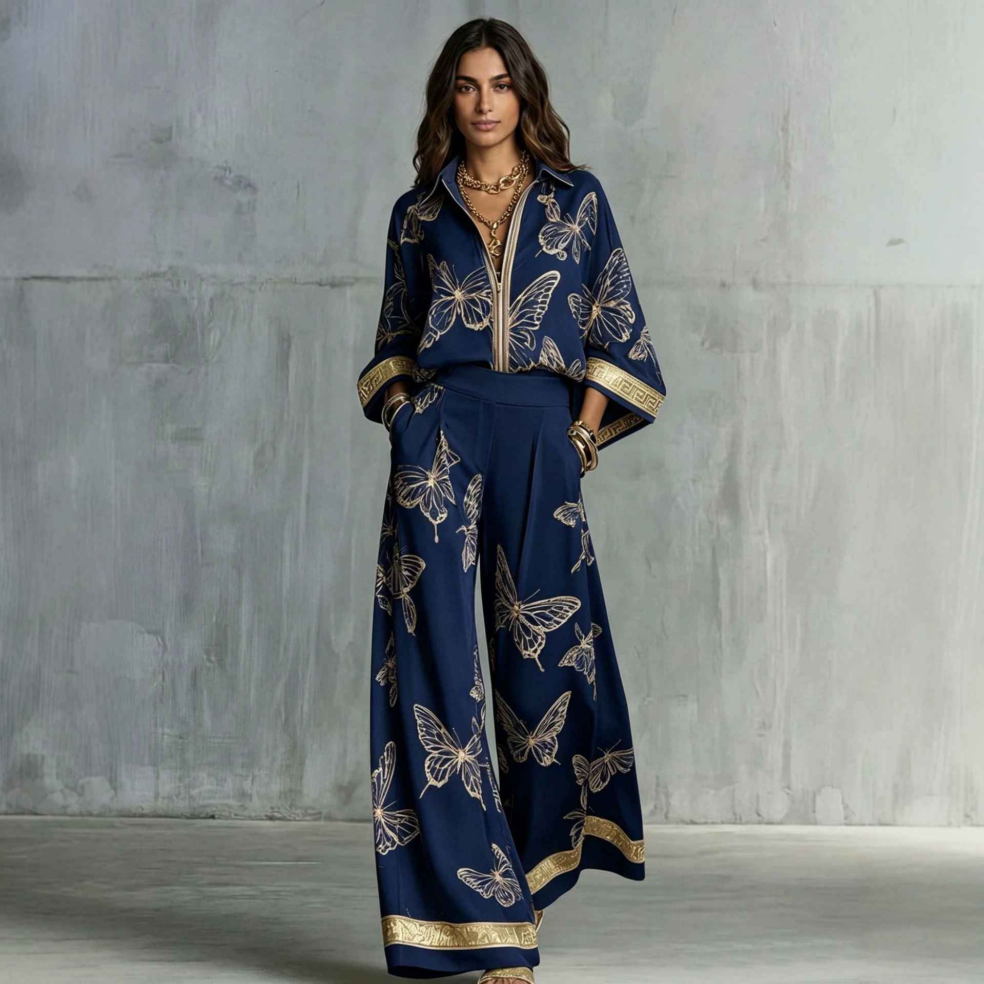 Style Women's Retro Printed Sexy Deep V Neck Loose Zipper Top with Wide Leg Pants Two-Piece Set - MODALIFE