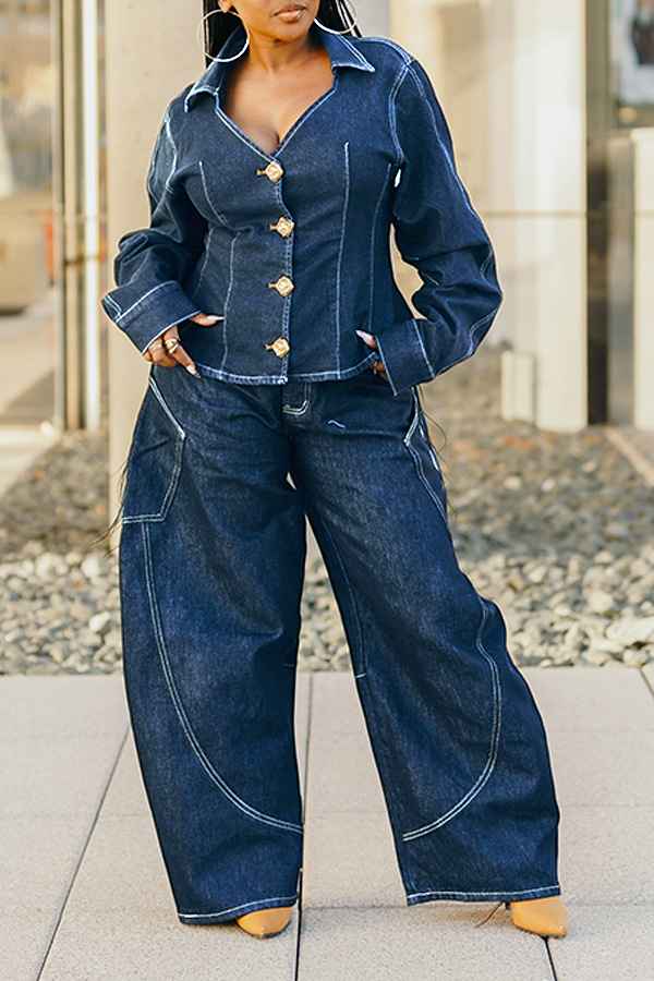 Stylish Stitched Curved Hem Denim Pants - MODALIFE