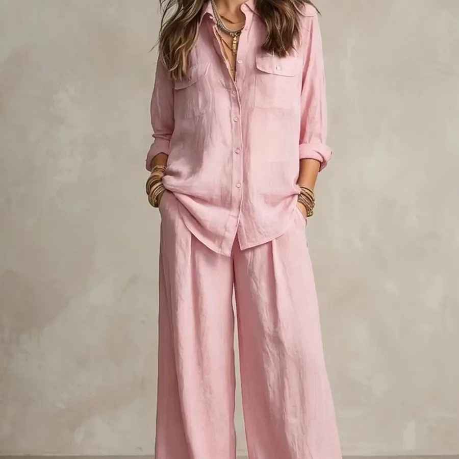 Chic Linen Set for Women, Breathable Lightweight Long Sleeve Shirt with Drapey Wide-Leg Pants, Vacation Style Casual Outfit - MODALIFE