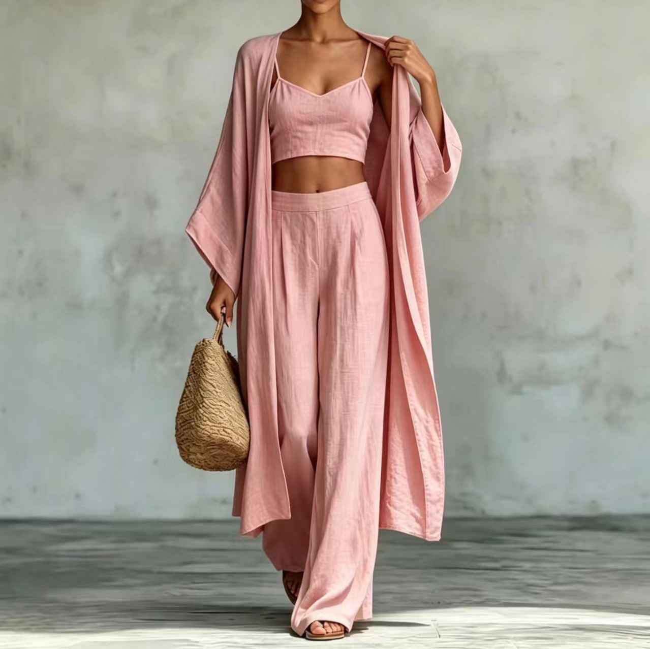 Loose cardigan short strap high waist wide leg pants set - MODALIFE