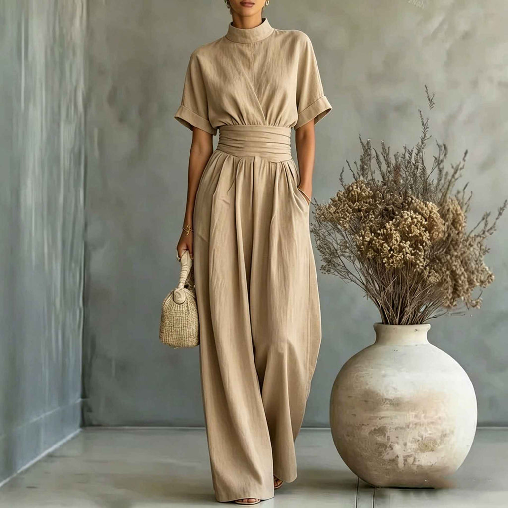 Half high neck short sleeved wide leg jumpsuit - MODALIFE
