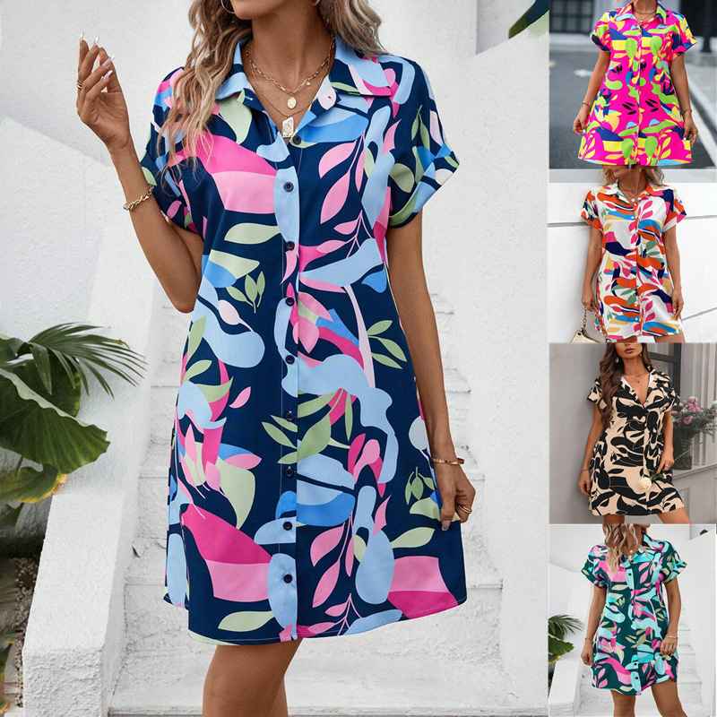 Summer New Fashion Colorful Floral Printed Open Front Short Sleeve Shirt Dress - MODALIFE
