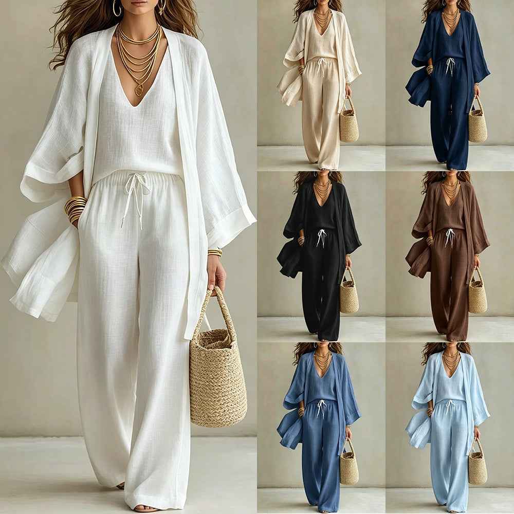 Loose cardigan sleeveless vest long pants three piece set for women