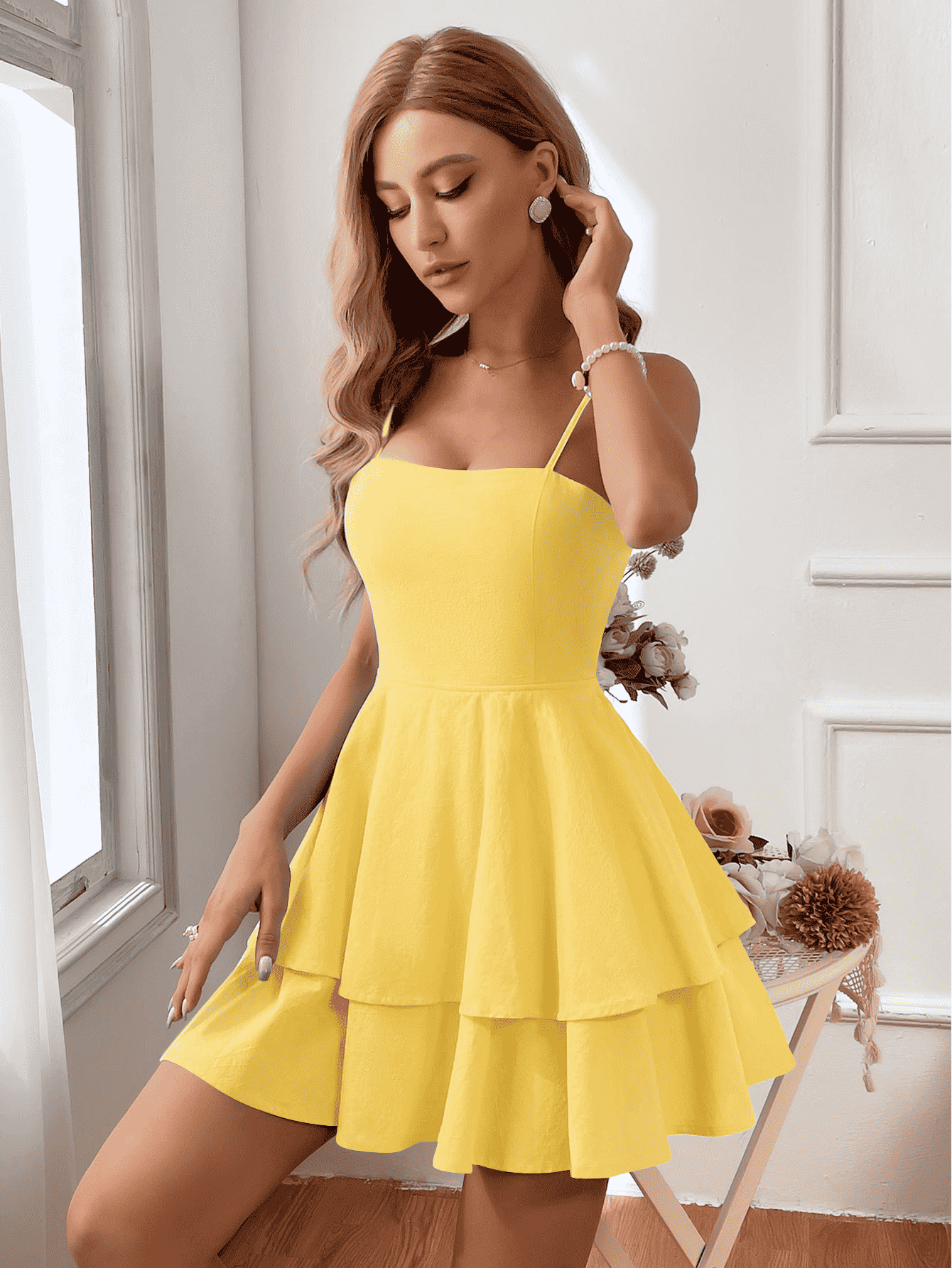 Summer pure cotton square neck suspender A-line short skirt sweet and fresh high waisted bow tie slim fit dress - MODALIFE