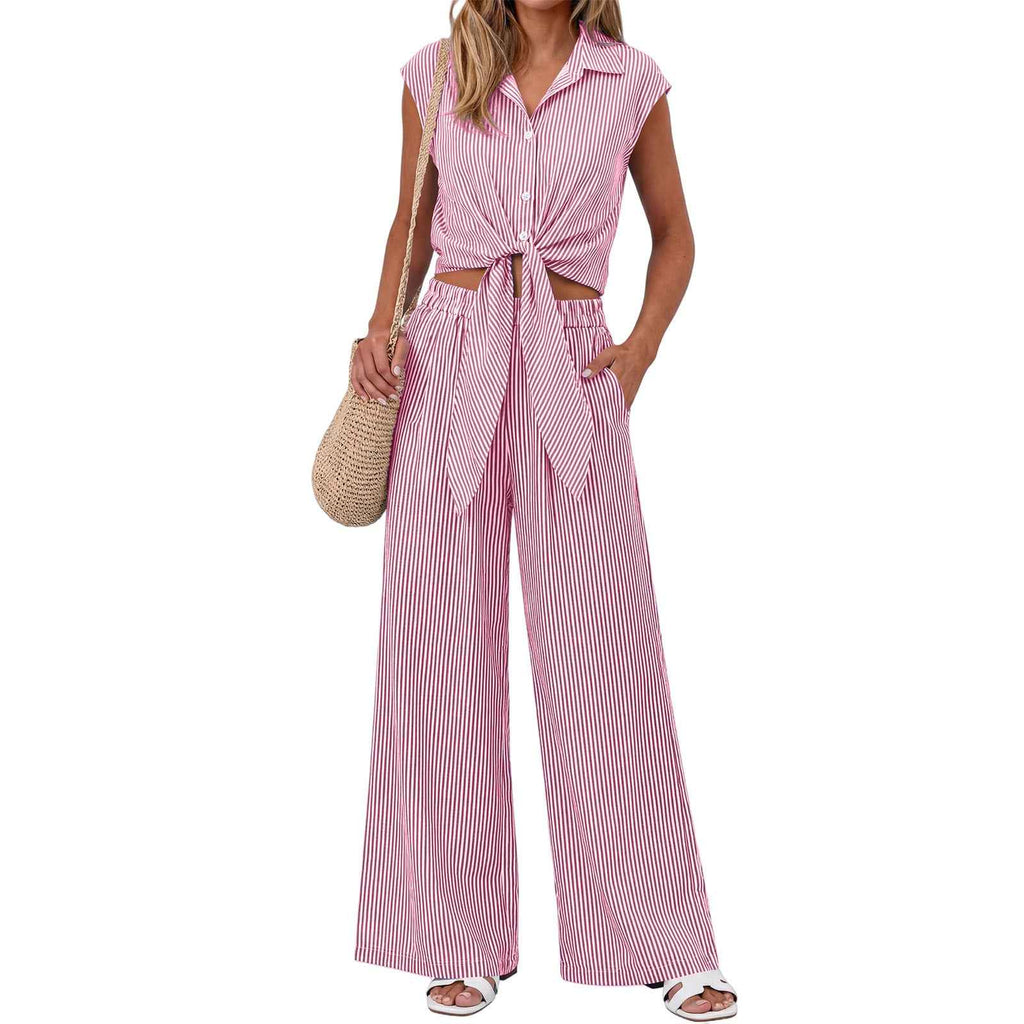 Spring Summer Women's Striped Buttoned Sleeveless Shirt and Pants Set - MODALIFE