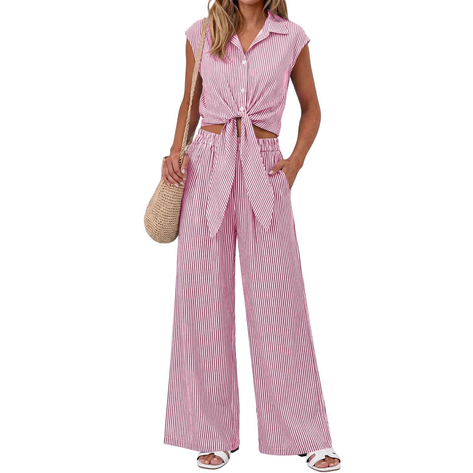 Spring Summer Women's Striped Buttoned Sleeveless Shirt and Pants Set - MODALIFE