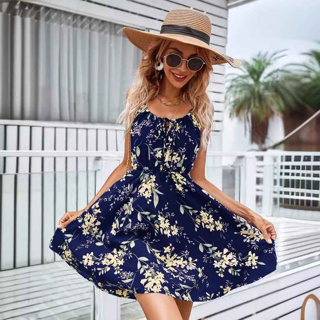 Elegant Sleeveless Printed Dress with Elastic Waist and Straps for Women - MODALIFE