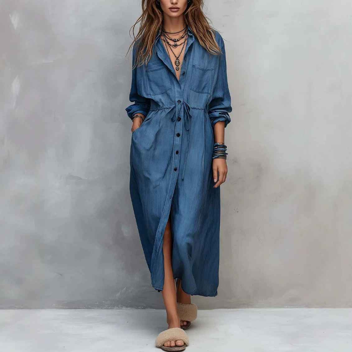 Spring and Autumn Casual Drawstring Waist Shirt Dress Loose Style for Women - MODALIFE