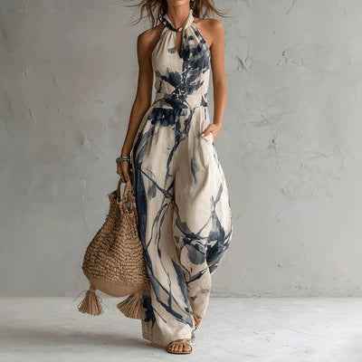 Ink printed wide leg pocket jumpsuit - MODALIFE