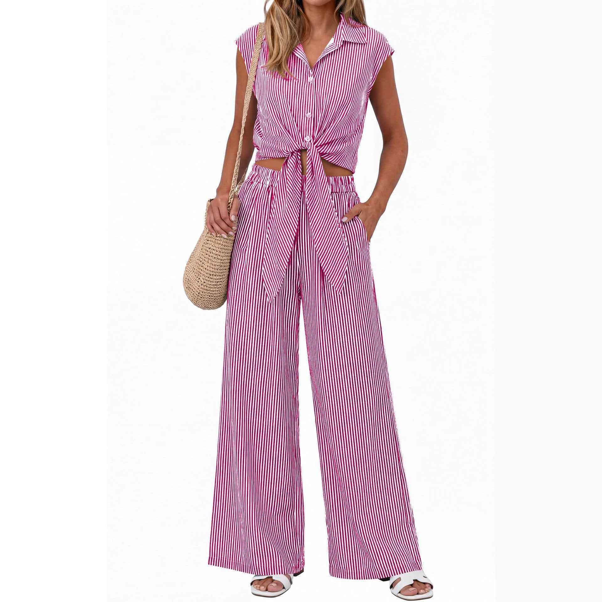 Spring Summer Women's Striped Buttoned Sleeveless Shirt and Pants Set