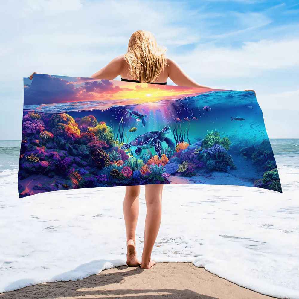 Ocean Turtle Pattern Beach Towel Ultra-Fine Fiber Quick-Dry Double-Sided Fleece Bath Towel Sand Blanket