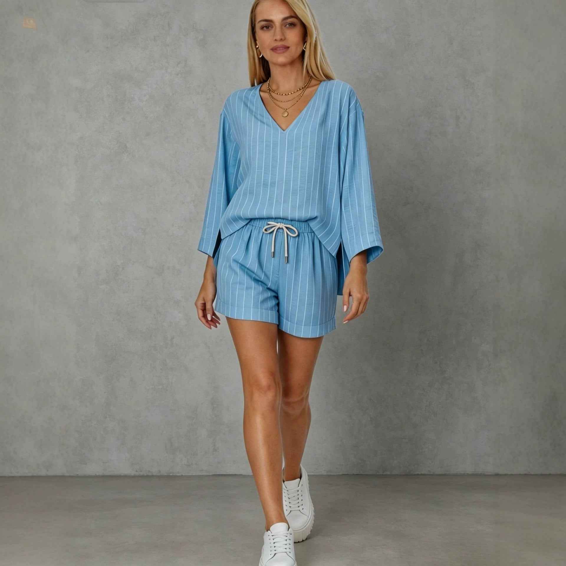 Loose V-neck long sleeved shorts striped set