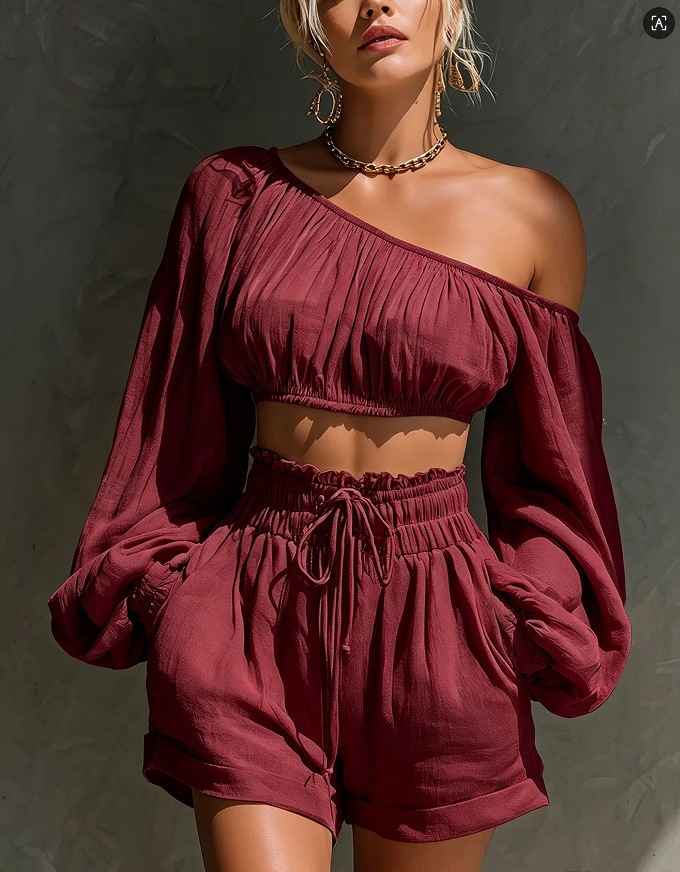 Shoulder long sleeved short top+high waisted casual shorts set for women - MODALIFE