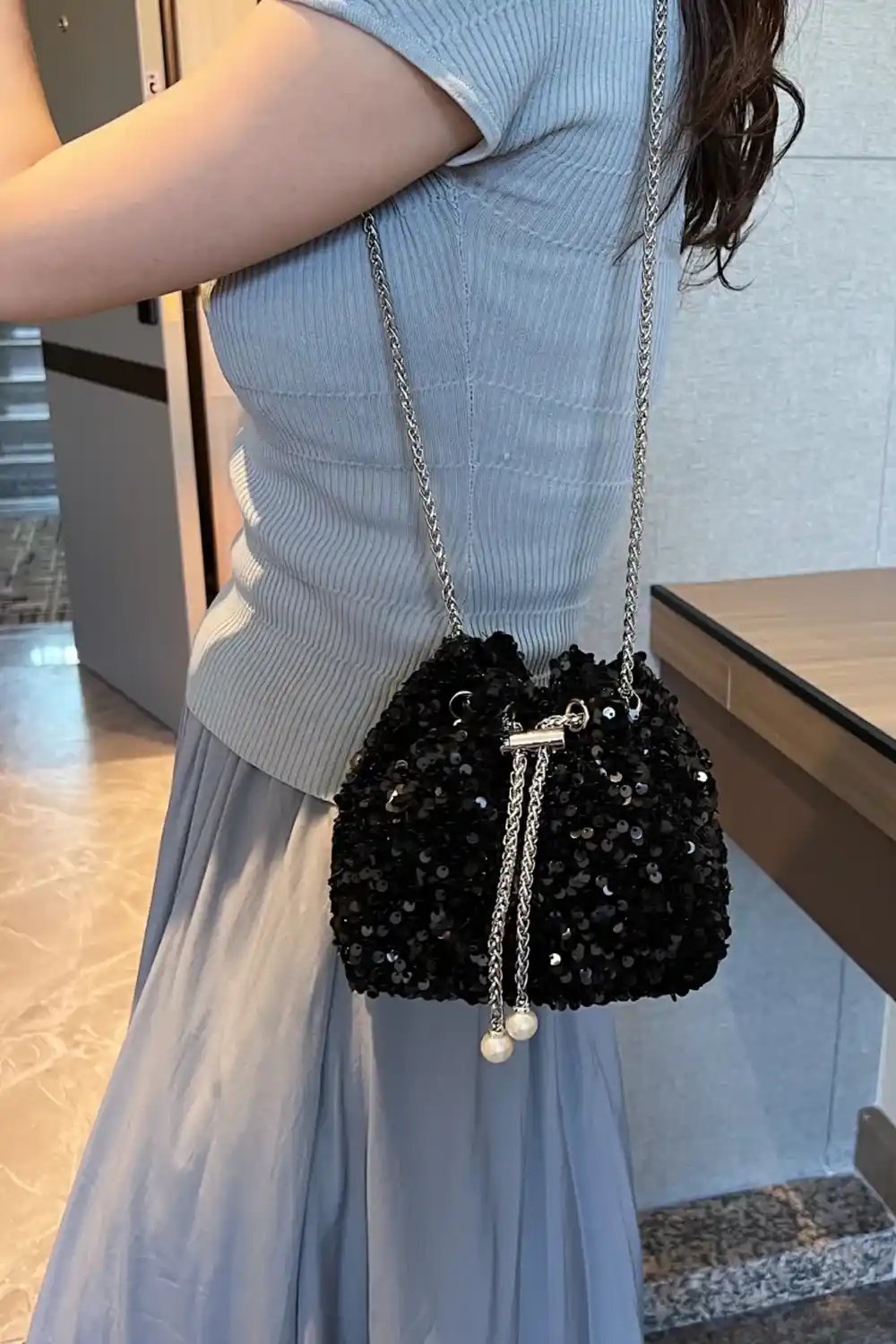 Sequin Chain Drawstring Bucket Bag - MODALIFE