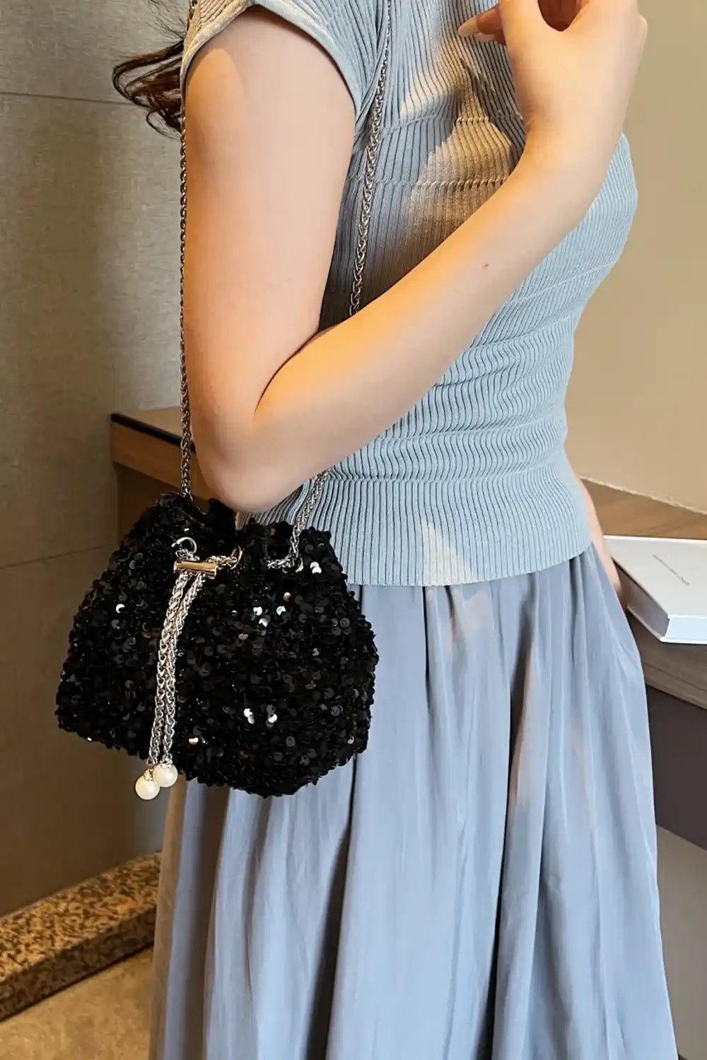 Sequin Chain Drawstring Bucket Bag - MODALIFE