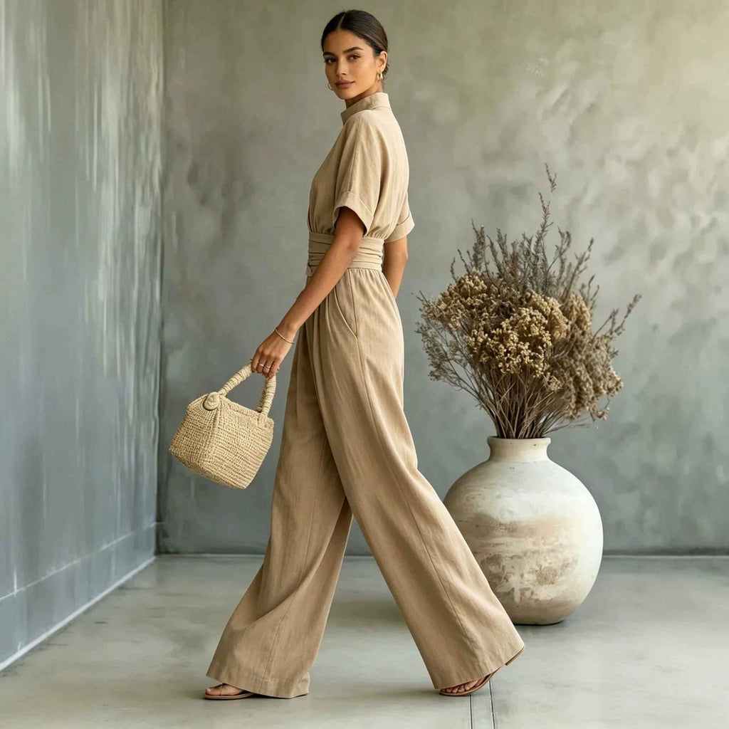 Half high neck short sleeved wide leg jumpsuit - MODALIFE