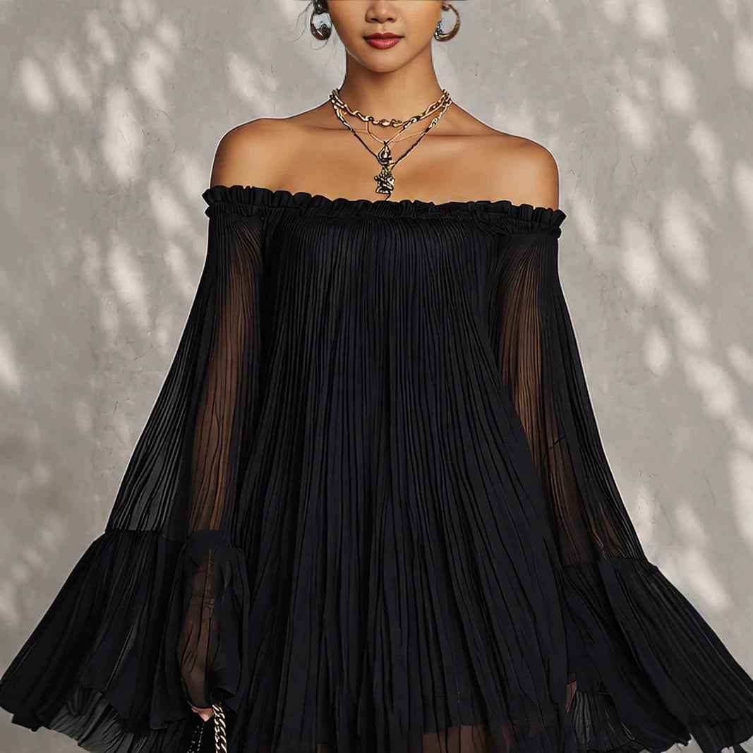 Elegant Black Off-Shoulder Backless Pleated Lantern Sleeve Mini Dress - MODALIFE