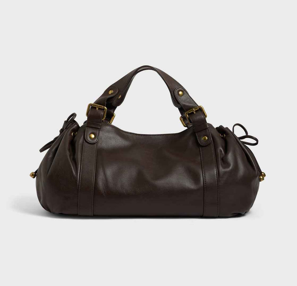Black large capacity soft leather tote bag with pleated drawstring hand-held shoulder bag - MODALIFE